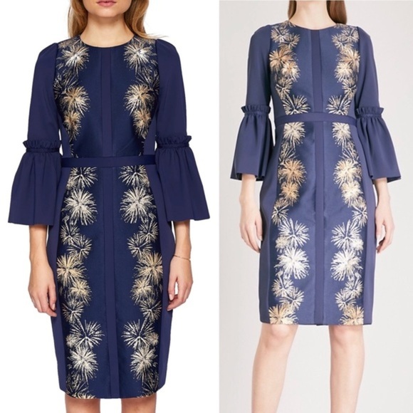 Ted Baker Rare Gold Fireworks Graohic Metallic Flute Flare Sleeve Dress - Picture 1 of 9